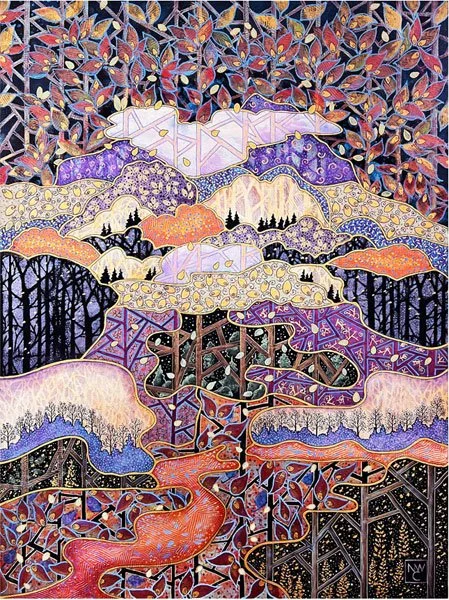Seed Repository, Nancy White Cassidy, Acrylics on cradled birch, 30" x 40", 2025