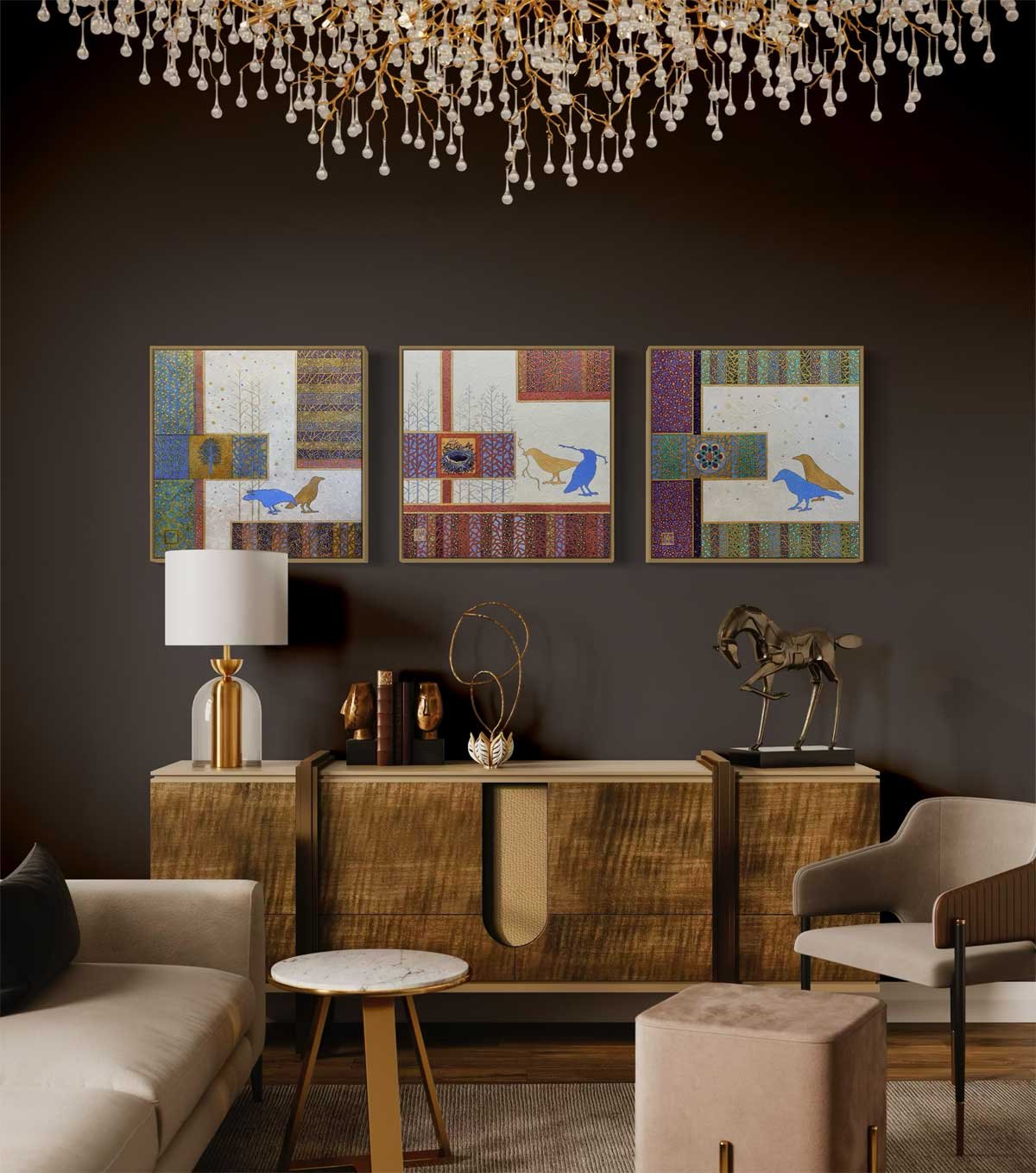 "Seekers", "Nest" and "Harmony" as shown in a fictitious interior setting.