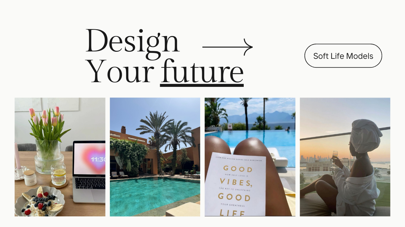 A collage of four images with a central text that reads "Design Your Future." The first image shows a table with a vase of pink tulips, a glass of water, a bowl of berries, and a laptop. The second image depicts a tropical pool with palm trees and a building in the background. The third image features a person relaxing by a pool, reading a book titled "Good Vibes, Good Life," with a scenic mountain view. The fourth image shows a woman sitting by a window at sunset, wearing a towel turban and using a smartphone.