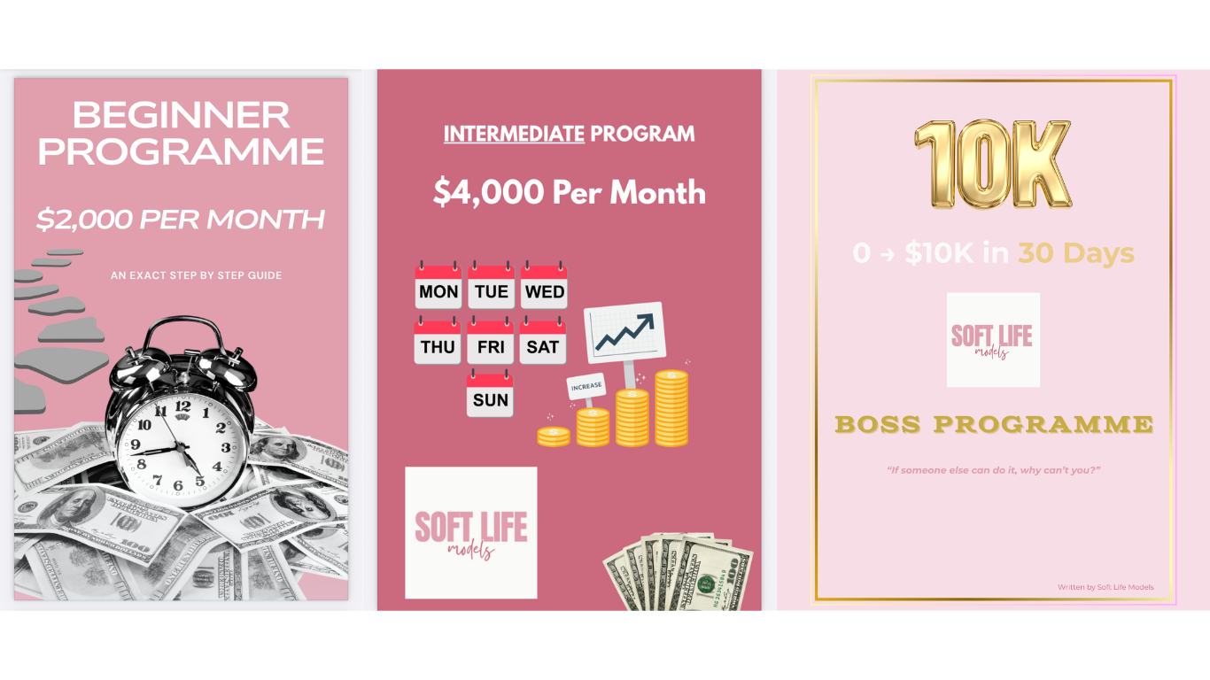 Three panels advertising different programs with pink backgrounds. The first panel promotes a beginner program costing $2,000 per month, with an image of a clock on money and a pathway of stepping stones. The second panel highlights an intermediate program costing $4,000 per month, with a calendar and increasing coins graphic. The third panel offers a BOSS program aiming to grow from $0 to $10K in 30 days, with gold text '10K' and dollar bills.