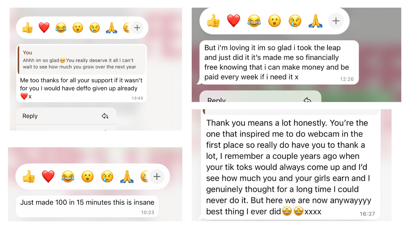 Screenshots of a positive and supportive text message conversation, featuring emojis like thumbs up, hearts, laughing faces, and prayer hands.