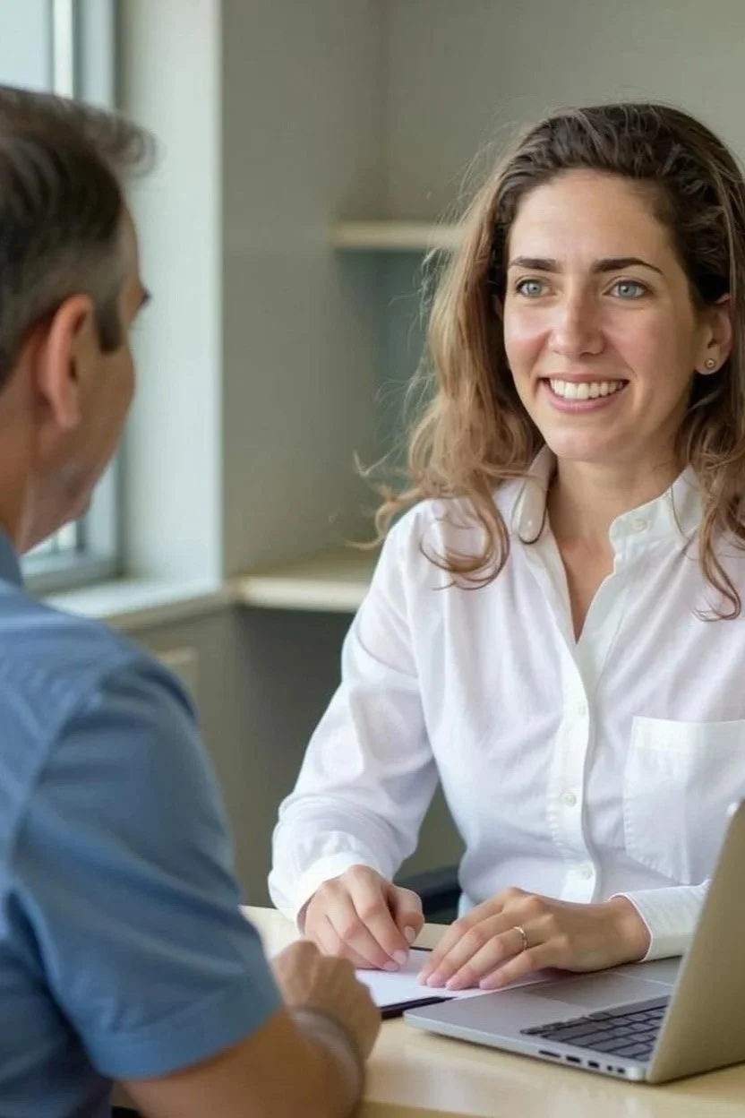 A woman with brown, wavy hair and blue eyes smiling and talking to a man in a blue shirt at a table in an office setting.