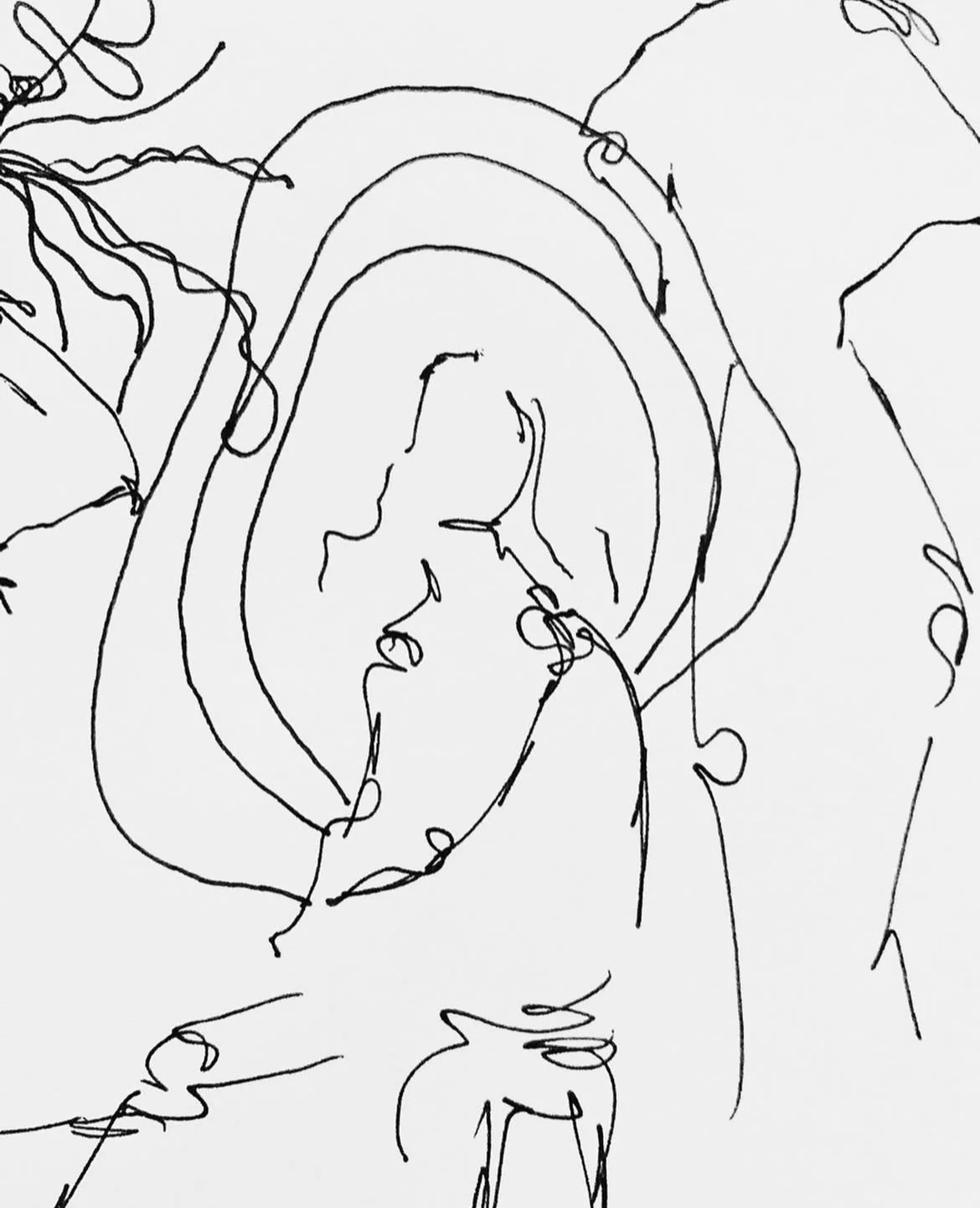 Line drawing of a woman with a hat, seen in profile, with her eyes closed and lips slightly parted, with a simplistic, sketch-like style.