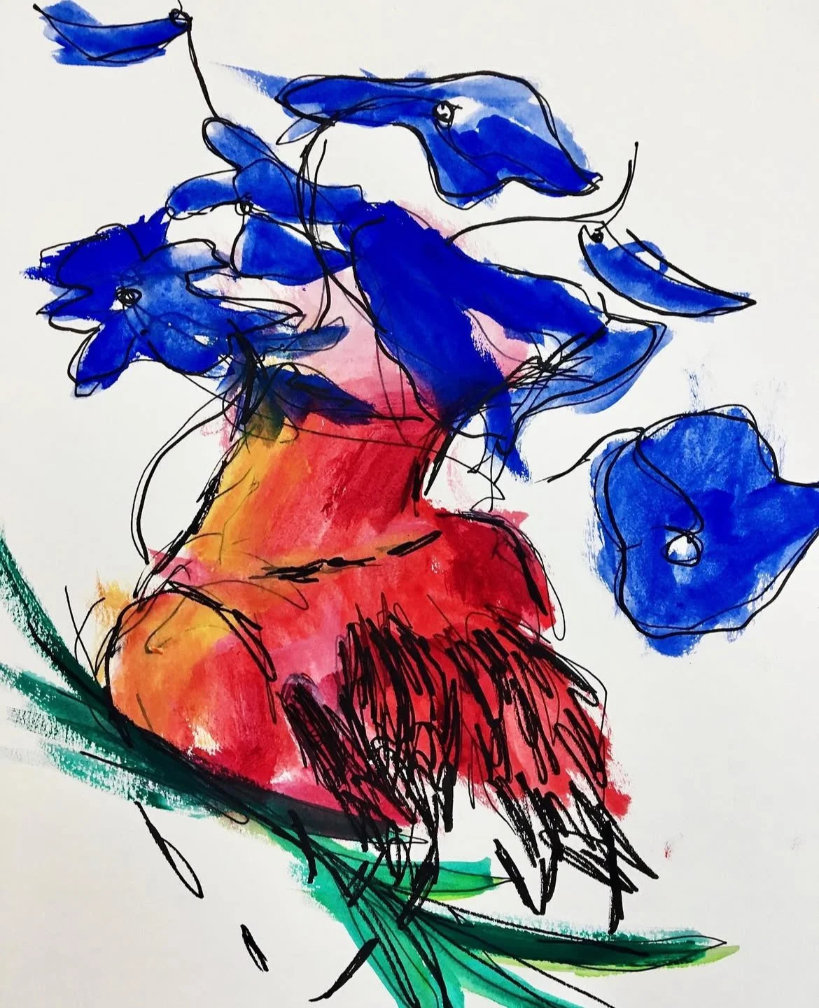 Abstract watercolor painting of blue flowers in a red and orange vase with green leaves.