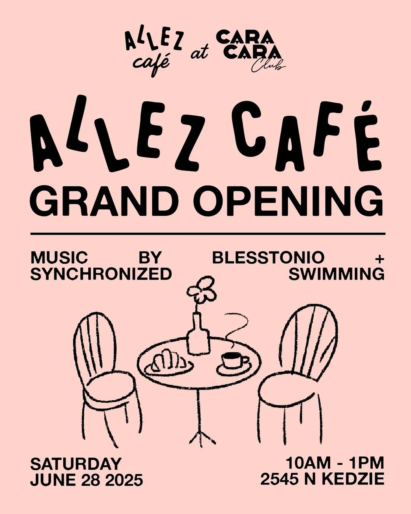 Join us this Saturday for the grand opening of our new location at @cara.cara.club!
We&rsquo;ll be celebrating with a live set by our friends @swimsynchronized and $3 lattes and matcha lattes all day.

Designed by @swimsynchronized