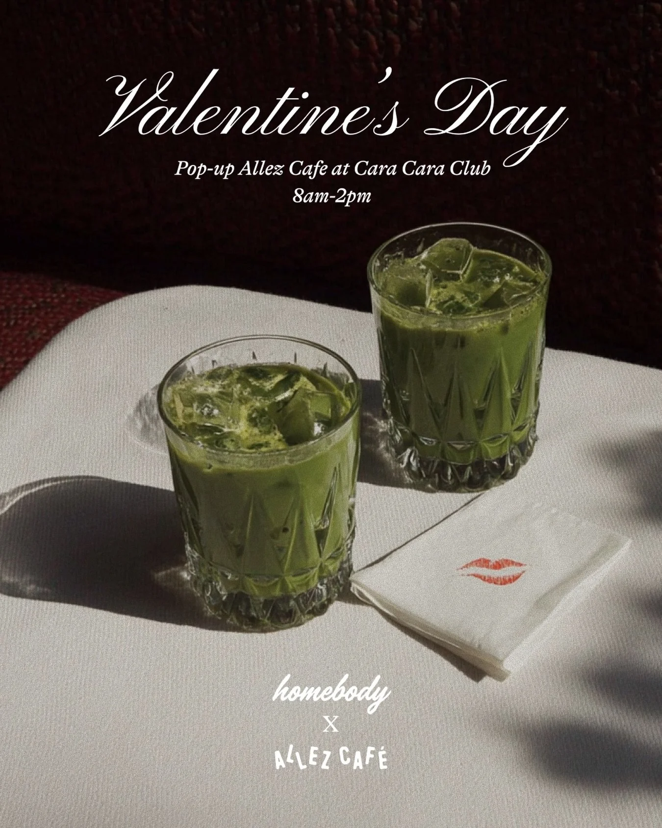 This Valentine&rsquo;s Day, 02/14 &mdash;
We&rsquo;re teaming up with @homebody.chi at our @cara.cara.club locations for special event, matcha lattes, exclusive pastries, and a soundtrack by @shondervis.