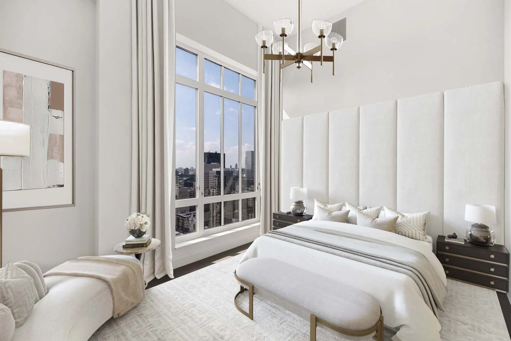 Elegant bedroom with large window, white bedding, and modern decor.