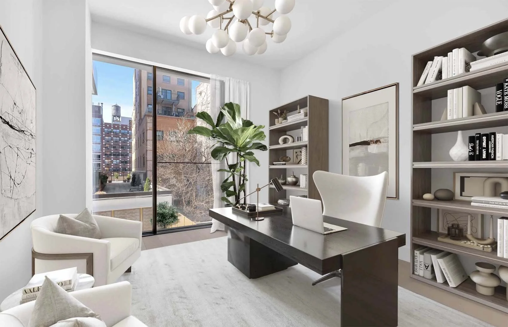 Modern office with large window, black desk, white armchair, bookshelf, and indoor plant.