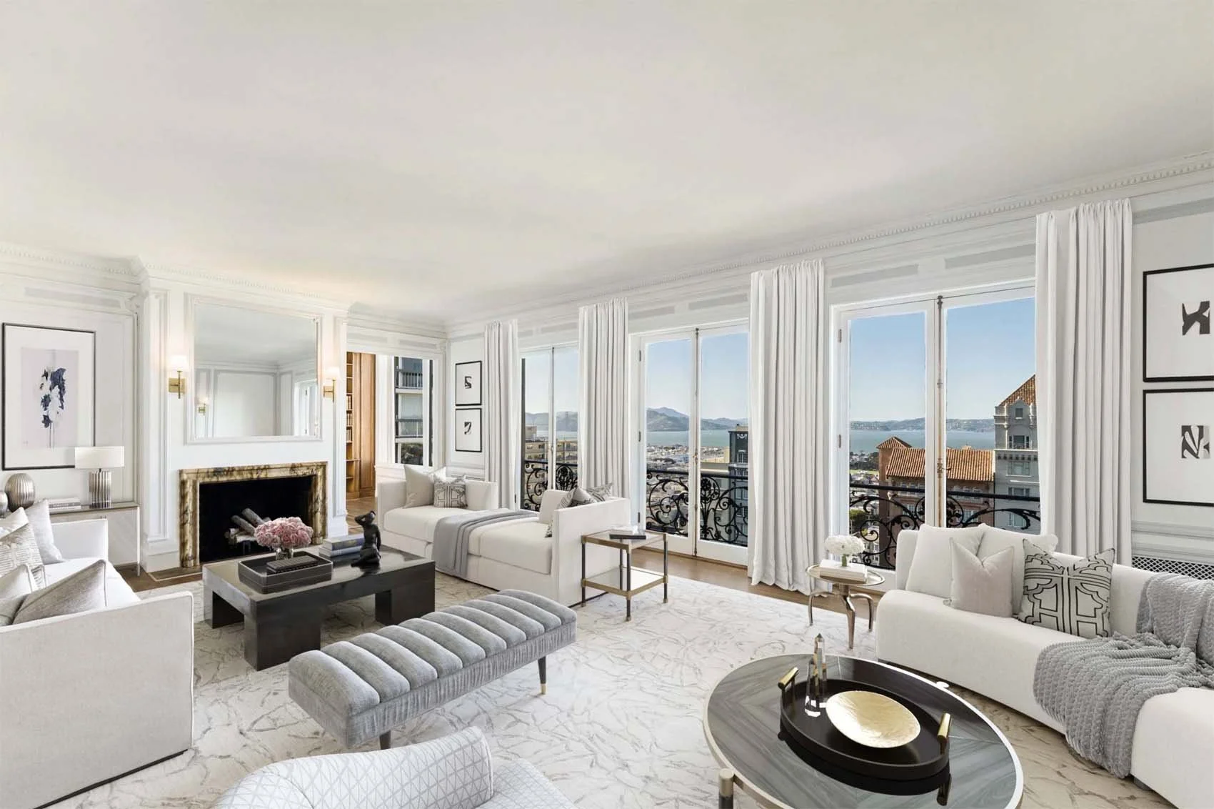 Elegant living room with white walls, large windows, white curtains, and city view, decorated with modern furniture, artwork, and accessories.