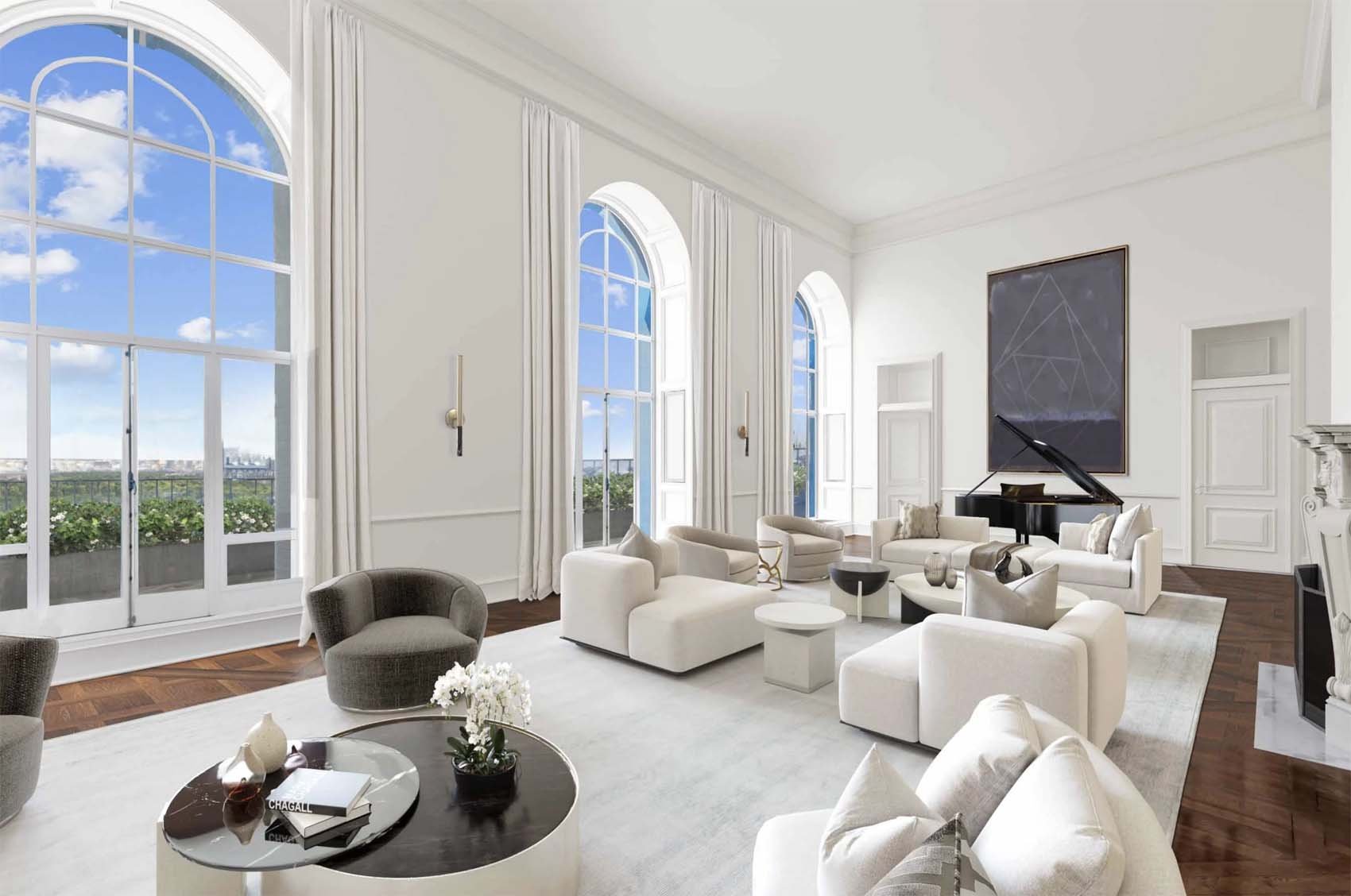 Bright living room with large arched windows, white walls, white furniture, a black grand piano, and a city view outside.