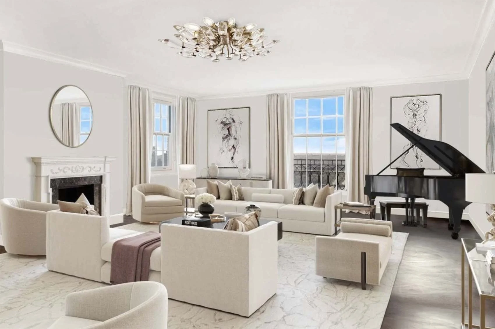 Bright living room with white walls, large windows, cream-colored sofas, a black grand piano, abstract artwork, and modern decor.