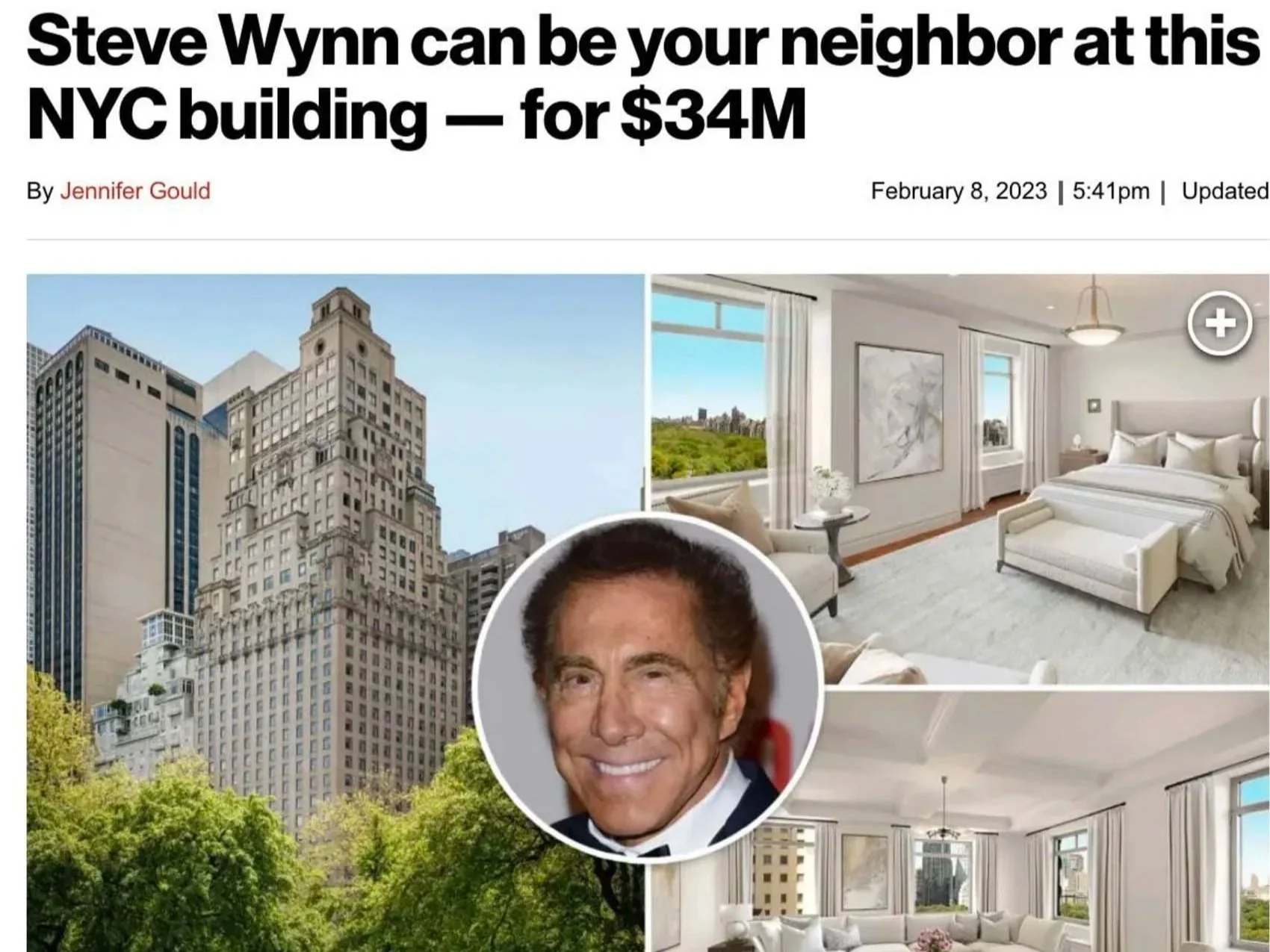 The image features a tall historic-looking building in New York City, with two interior photos of a modern, bright, and airy bedroom and living room, and a small inset image of a smiling man with dark, curly hair.