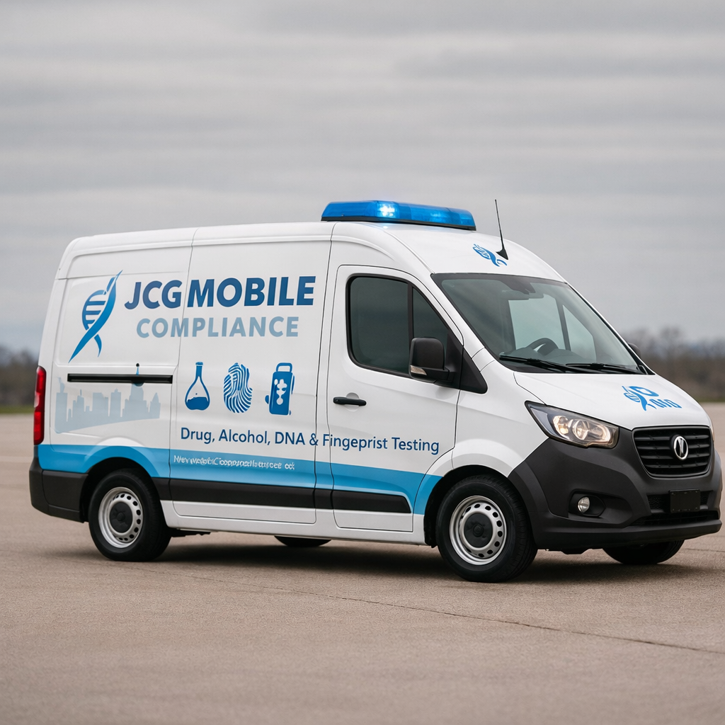 A white mobile compliance van with blue graphics and text, including a DNA helix, laboratory flask, fingerprint, and drug bottle icons, parked on a paved surface under a cloudy sky.