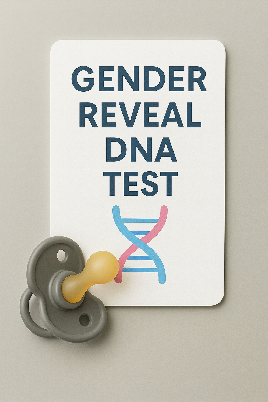 Sign for gender reveal DNA test with a pacifier and DNA strand illustration.