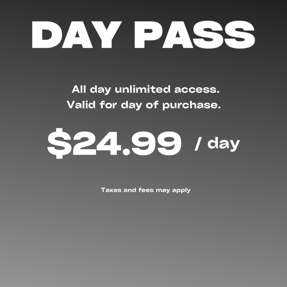 Advertisement for a day pass priced at $24.99, offering all day unlimited access, valid for one day of purchase, with a note that taxes and fees may apply.
