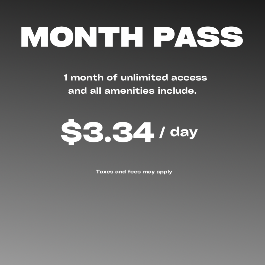 Advertisement for a one-month pass costing $3.34 per day, offering unlimited access and amenities, with a note that taxes and fees may apply.