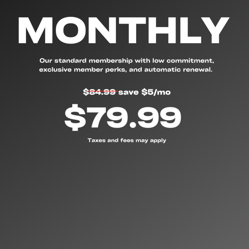 Monthly membership pricing details with a discounted rate of $79.99, down from $84.95, for exclusive member perks and automatic renewal. Taxes and fees may apply.