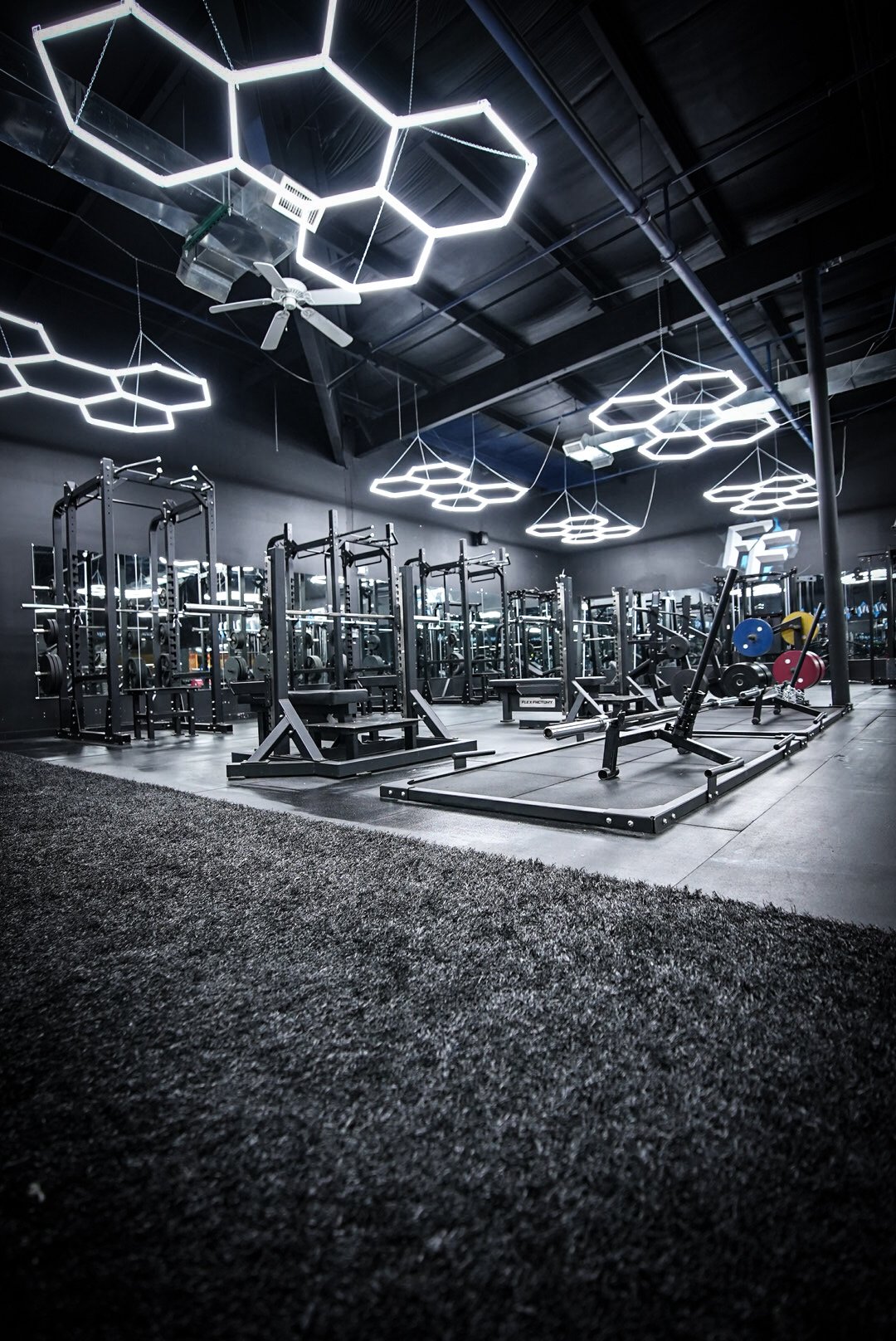 Empty modern gym with black workout equipment and hexagon-shaped ceiling lights.