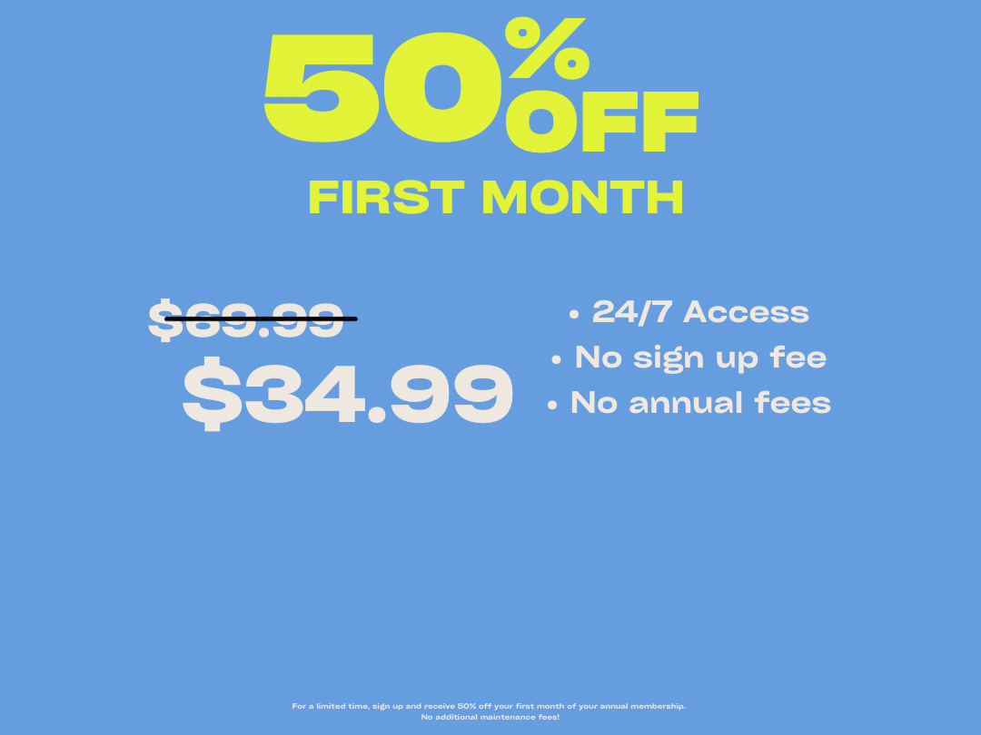 Advertisement offering 50% off for the first month, discounted price of $34.99 from $69.99, with benefits like 24/7 access, no sign-up or annual fees.