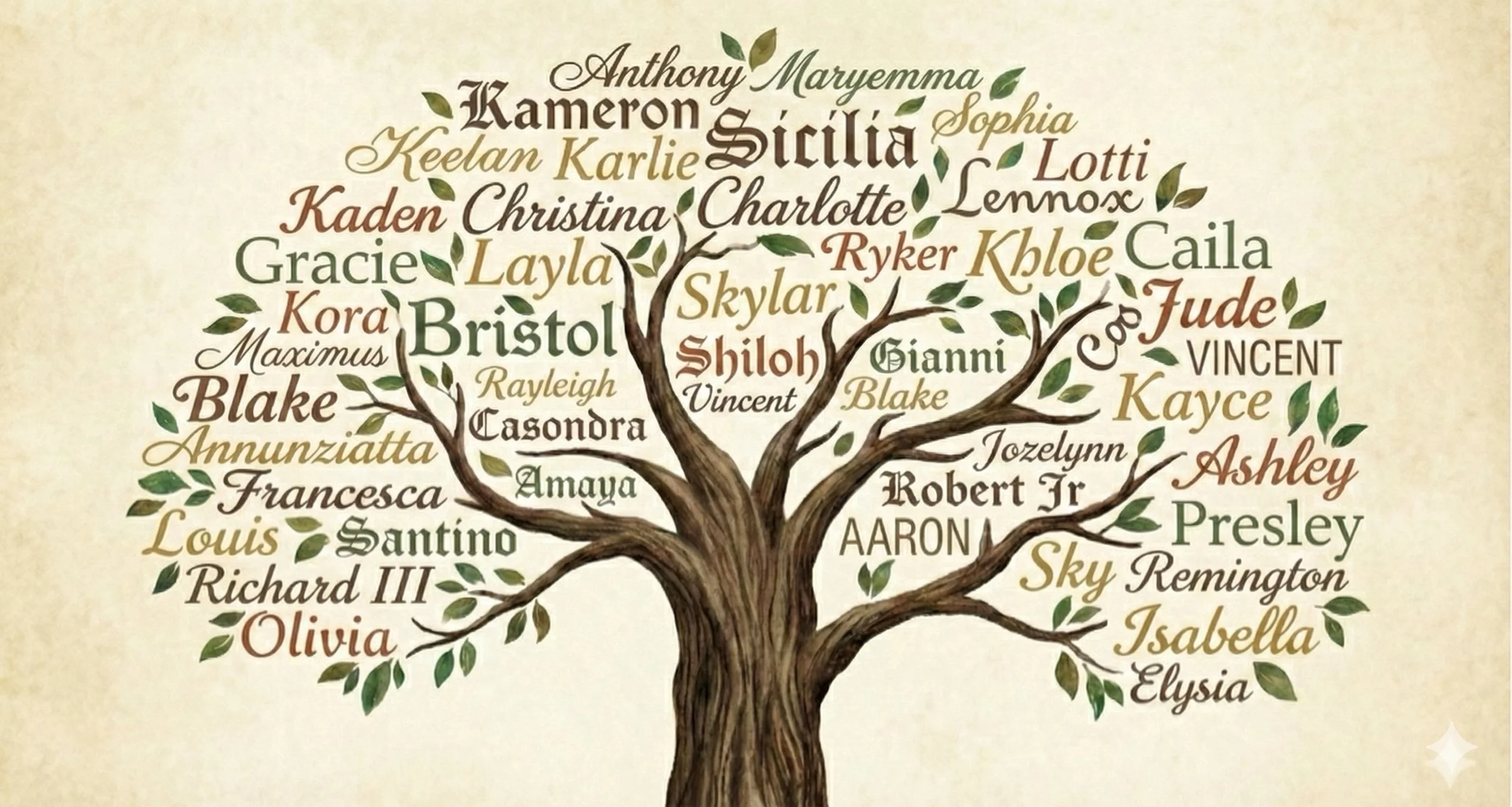 A family tree featuring names written in various fonts and colors, with a brown tree trunk and branches, and green leaves stylized as part of the tree design.