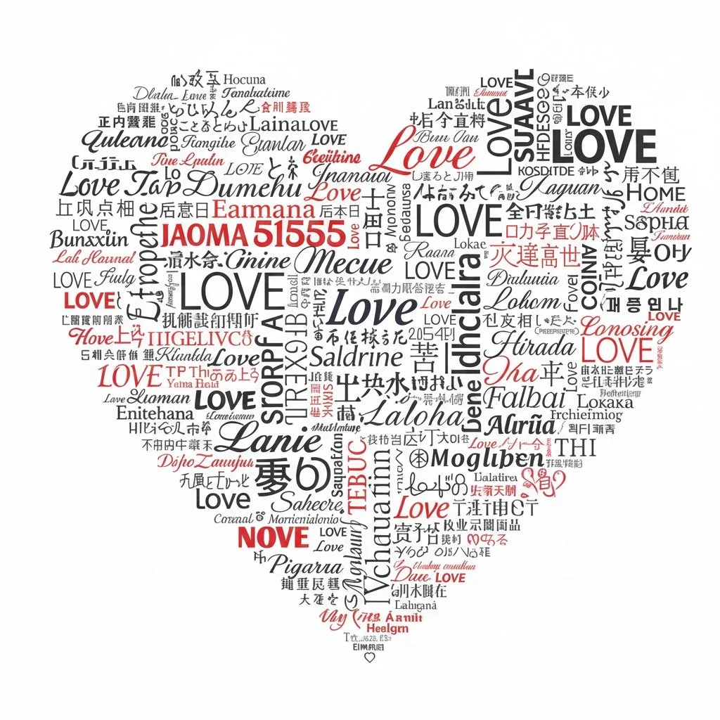 Heart-shaped collage of the word 'Love' in various languages and fonts, with some words highlighted in red.