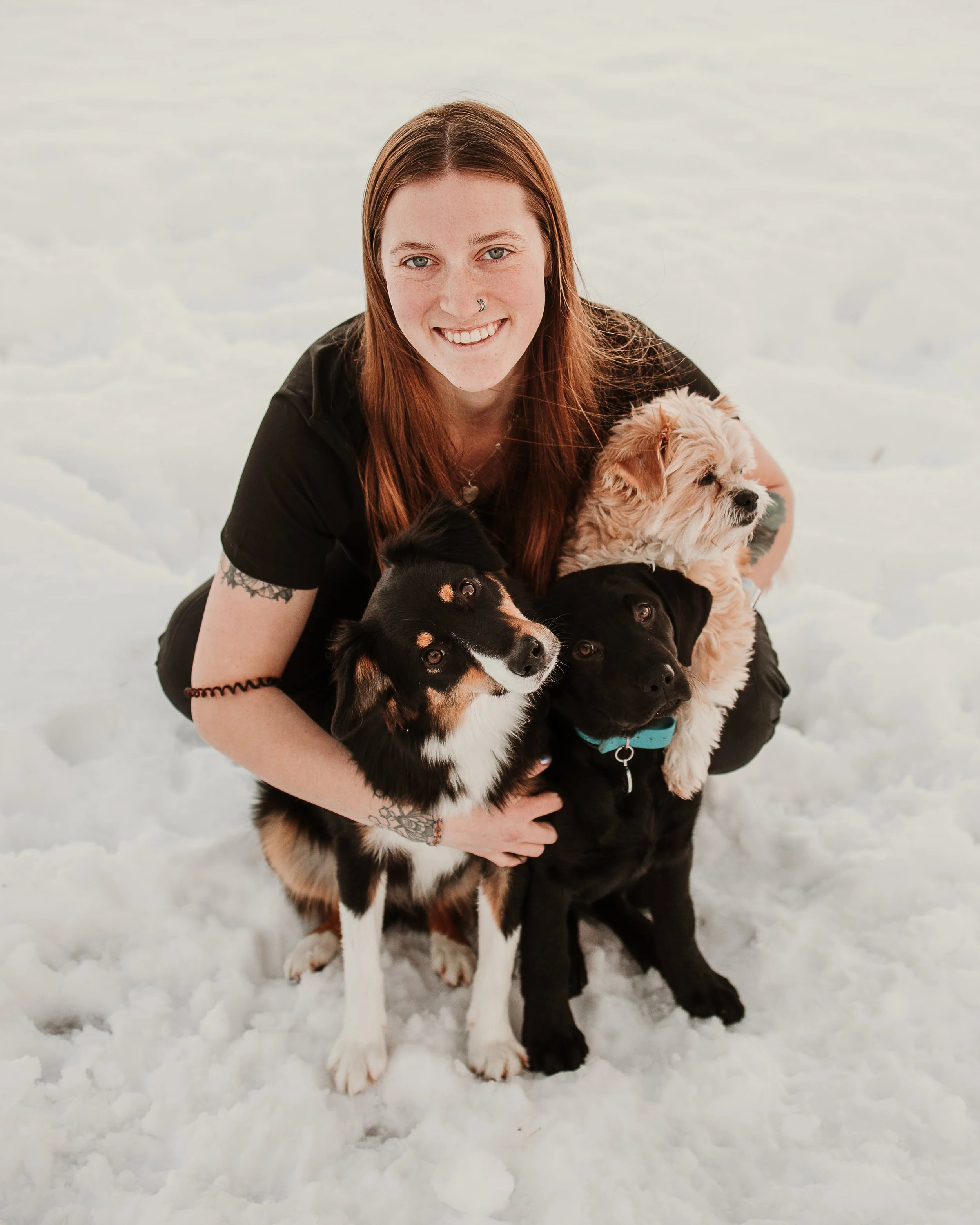 A woman with red hair and a nose ring smiling while holding four dogs in the snow, including an Australian Shepherd, a black Labrador, a fluffy white dog, and a black dog with a blue collar.