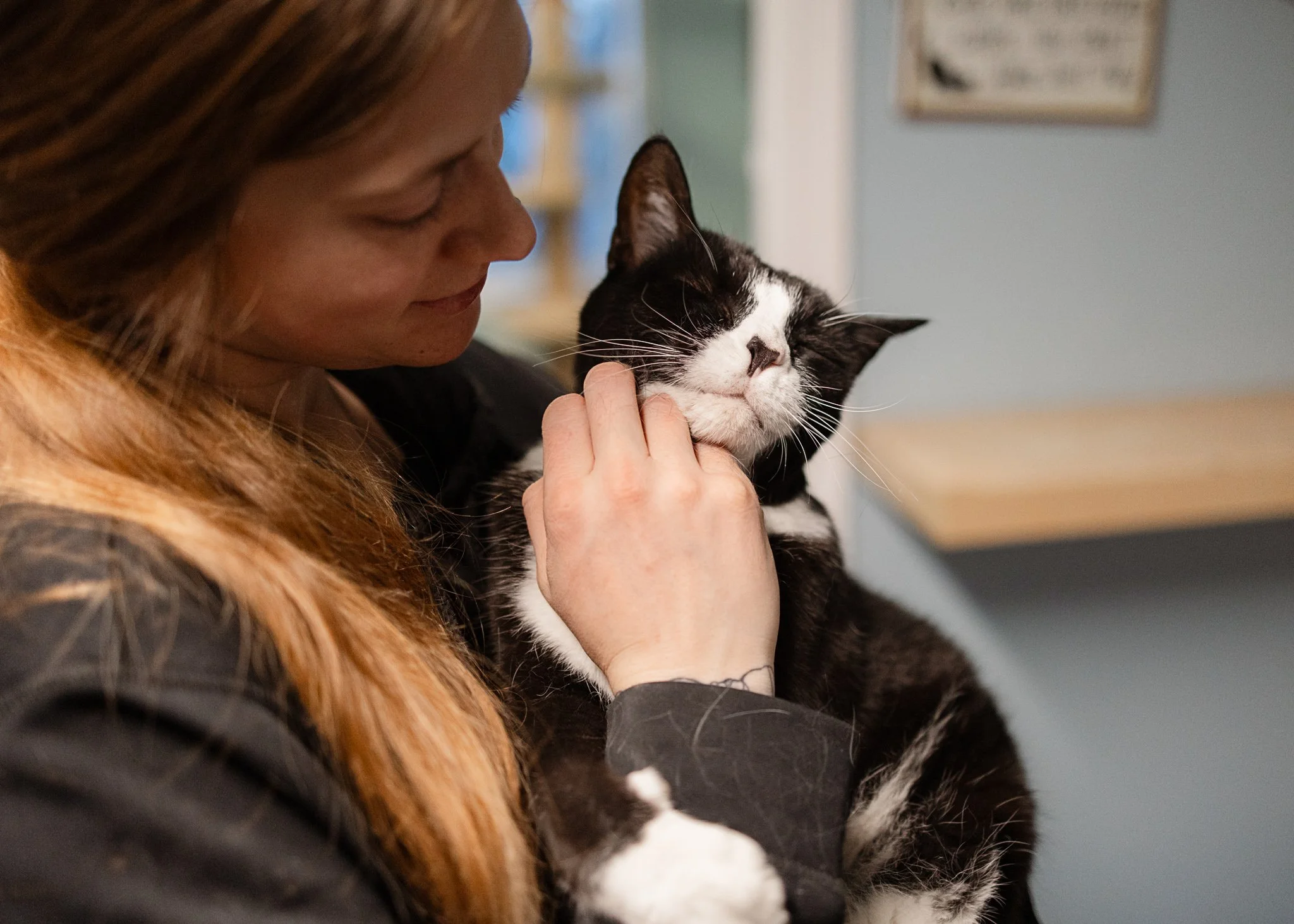 A woman with long hair gently holding and petting a black and white cat, with the woman smiling and the cat relaxing with closed eyes.