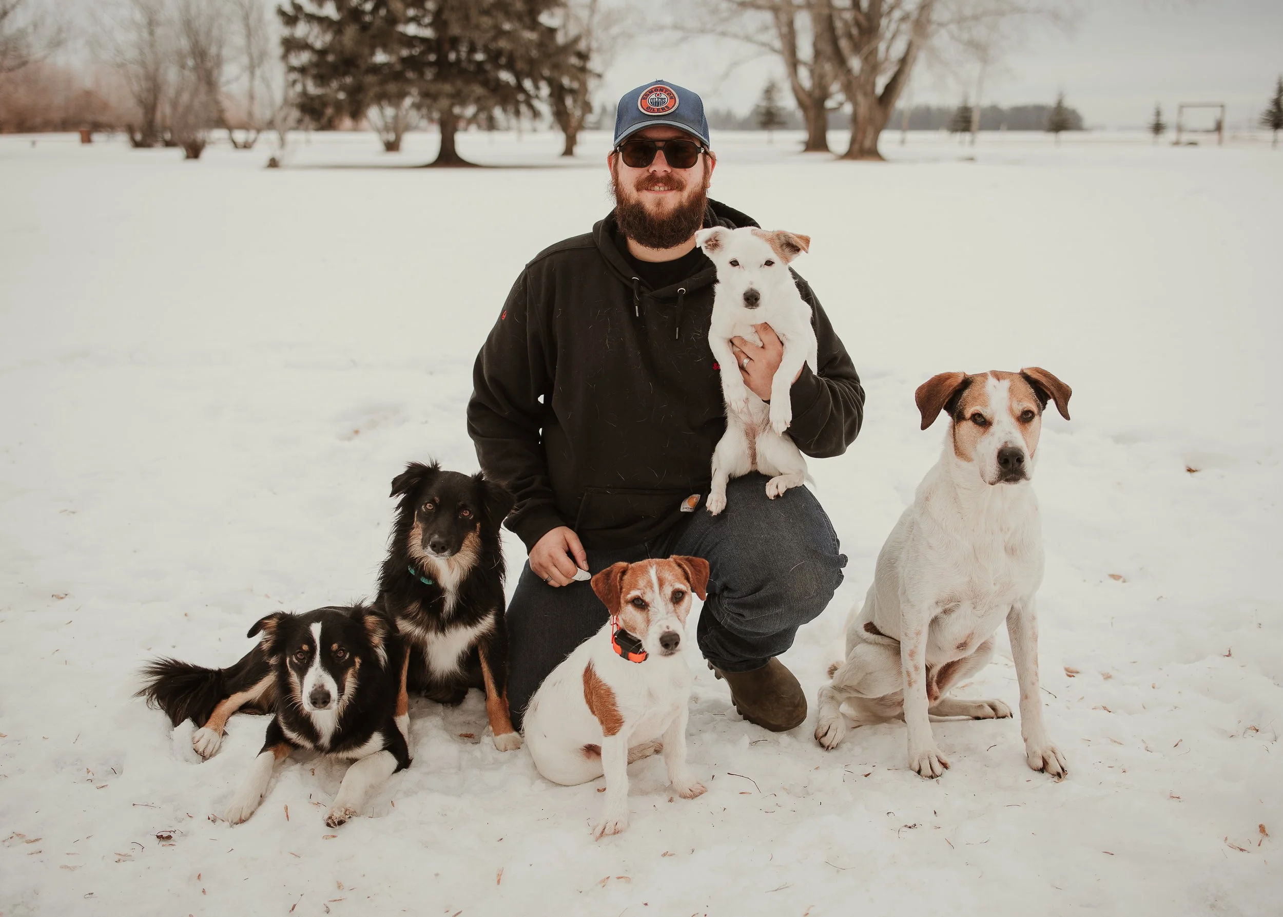 A man with a beard, wearing sunglasses, a black hoodie, a blue baseball cap, and brown boots, kneeling in snow outdoors and holding a white dog. Four other dogs are sitting or lying nearby in a snow-covered park with trees in the background.