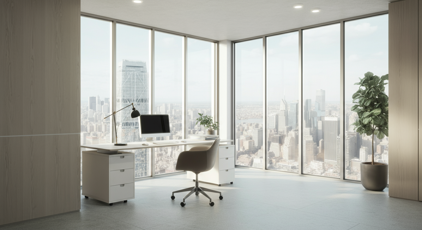 Modern office with white desk, swivel chair, computer, desk lamp, small potted plant, large green plant in gray pot, floor-to-ceiling windows with city skyline view, light-colored walls and flooring.