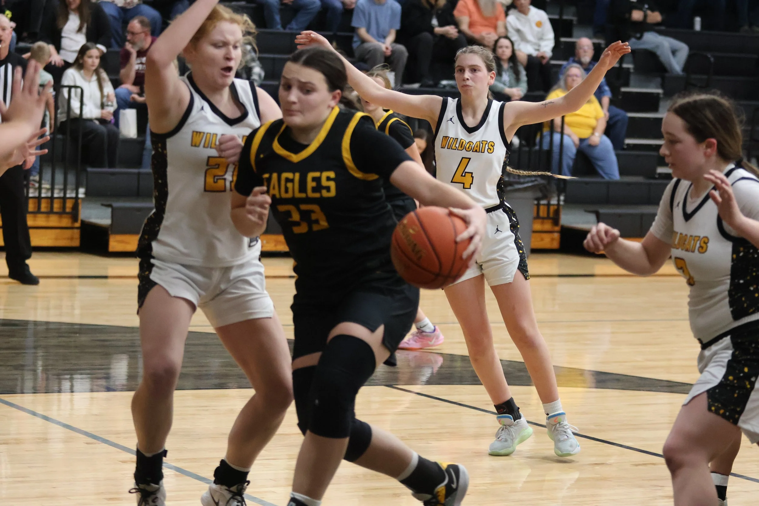 Girls playing basketball in a gymnasium, with some players wearing black and yellow jerseys labeled 'EAGLES' and others in white jerseys labeled 'WILDCATS'. One girl is dribbling the ball while others defend.