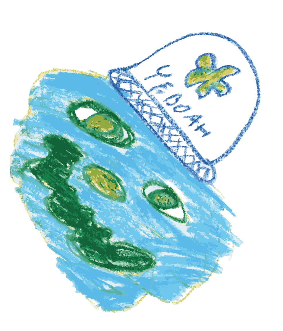 A child's crayon drawing of a bottle labeled "Veggie Drink" with a yellow x on it, and green ovals on a blue background representing cucumbers.