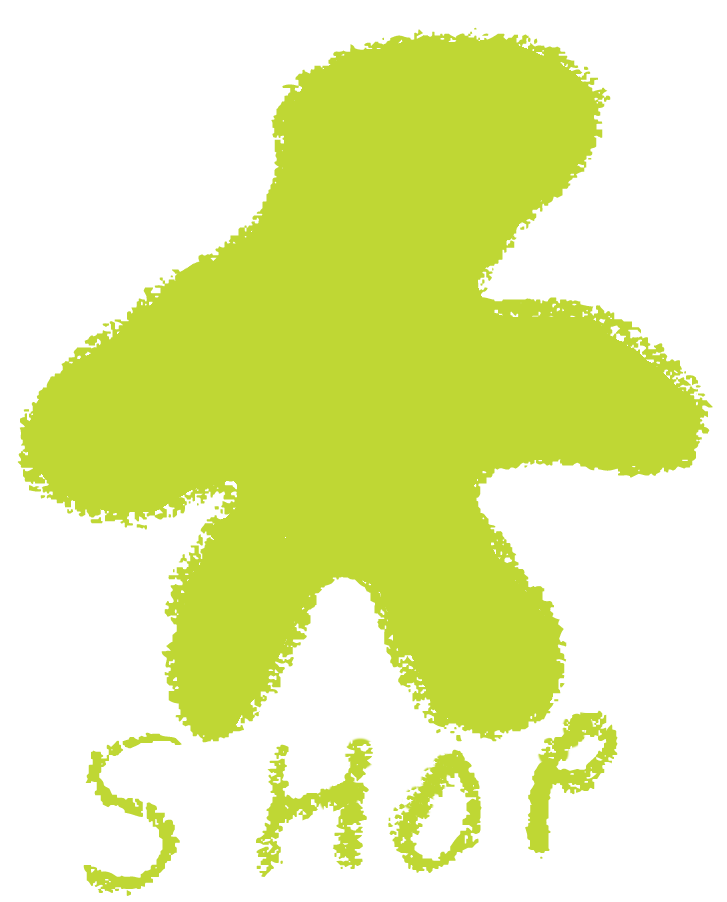A bright green rounded star shape with the word 'SHOP' written underneath in green, playful, irregular handwriting.