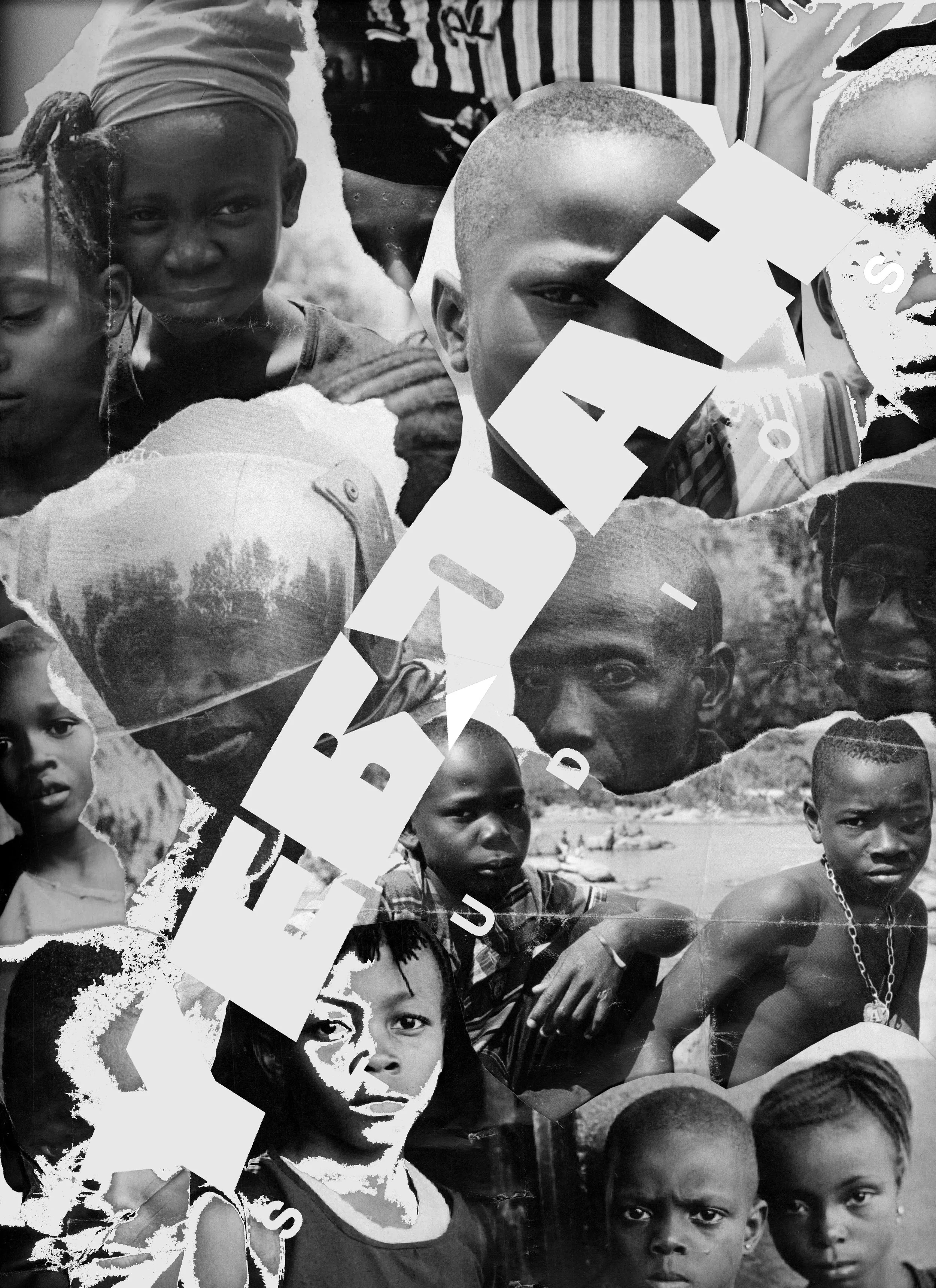 Collage of black and white torn paper images of children and adults from Africa, with the word "YEBOAH" overlaid in large white letters.
