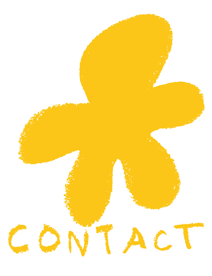 Yellow rounded star design with the word 'CONTACT' written underneath in yellow in playful, irregular handwriting.