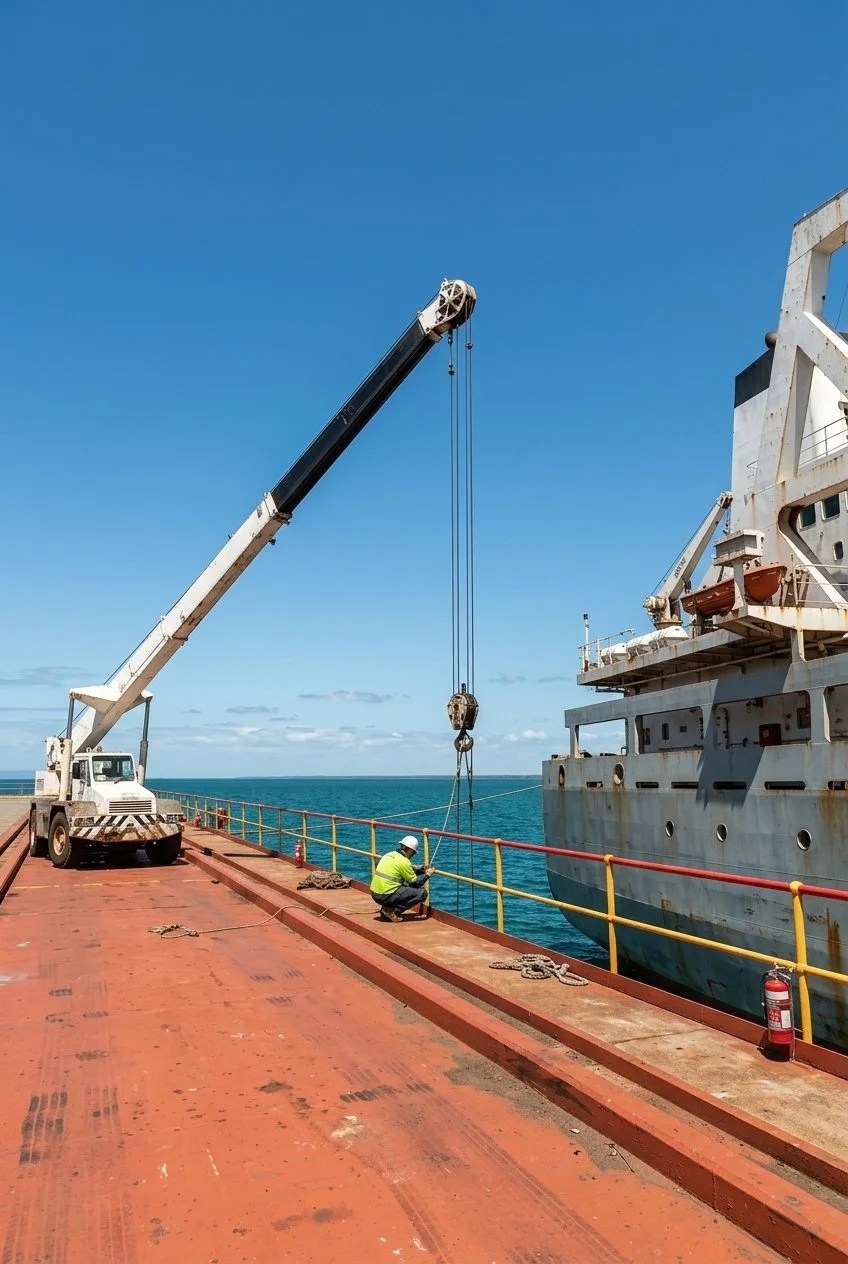 A worker in a neon yellow safety vest and white helmet is crouching on the deck of a large ship next to a railing, working near thick ropes. A crane with a long arm extends over the water, with its hook hanging down. The sea is calm and blue, under a clear sky with few clouds.