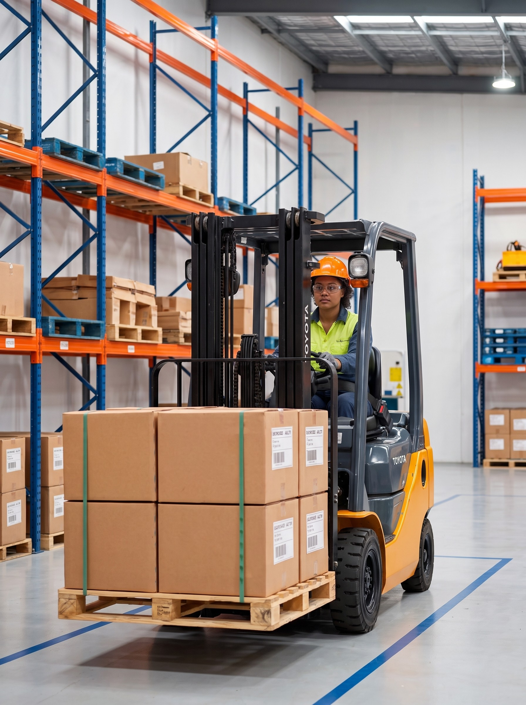 Trained operator smiling while successfully driving a forklift during an on-site high-risk work training session.