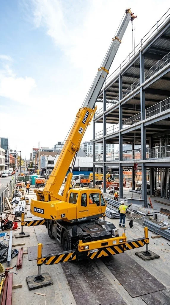 A yellow mobile crane lifting materials at a construction site next to a partially built multi-story metal frame building. Construction workers are nearby, some guiding the load and others working on the ground.