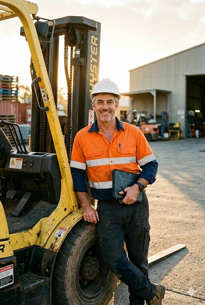 A smiling man in orange and navy safety uniform with a white hard hat leaning against a yellow forklift at an industrial yard.