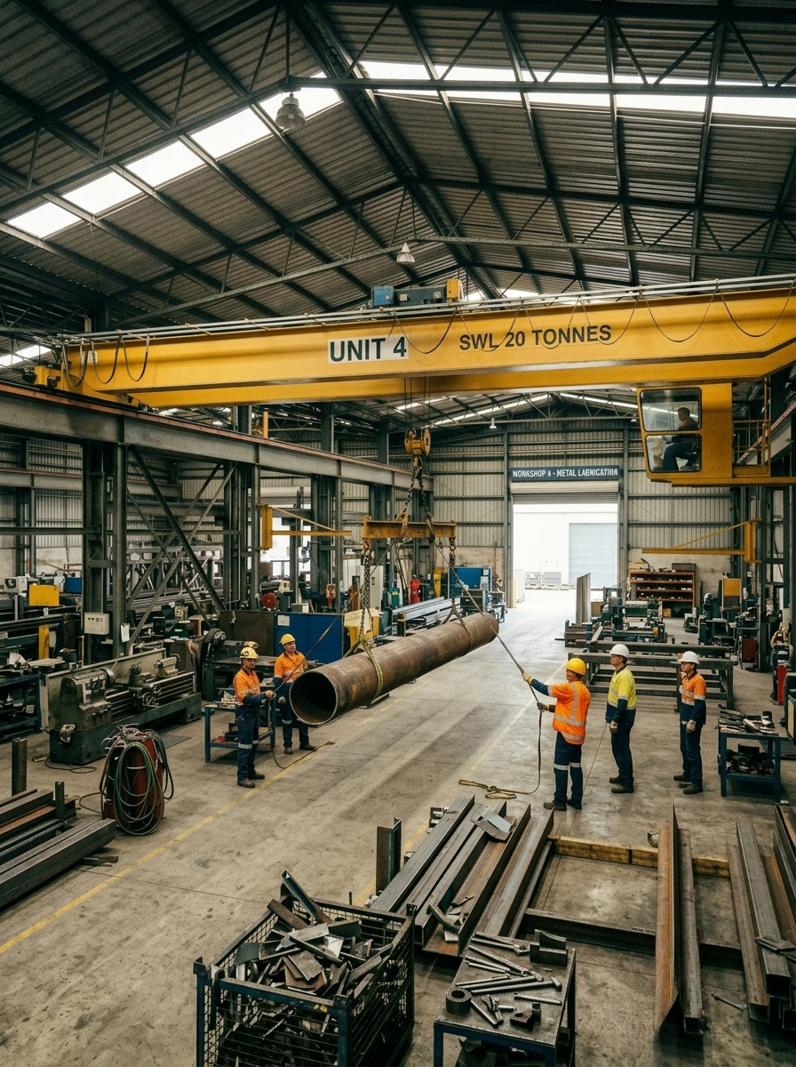 Inside a large industrial workshop with a yellow overhead crane lifting a large metal pipe. Several workers in safety gear are involved in handling the pipe, with tools and metal materials scattered around.