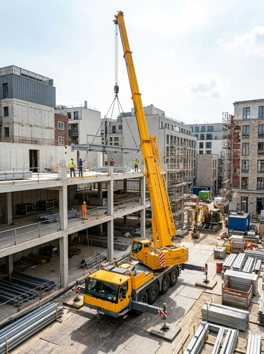 A construction site with a yellow crane lifting a steel beam, workers in safety gear, and incomplete multi-story building structures surrounded by construction materials and equipment.