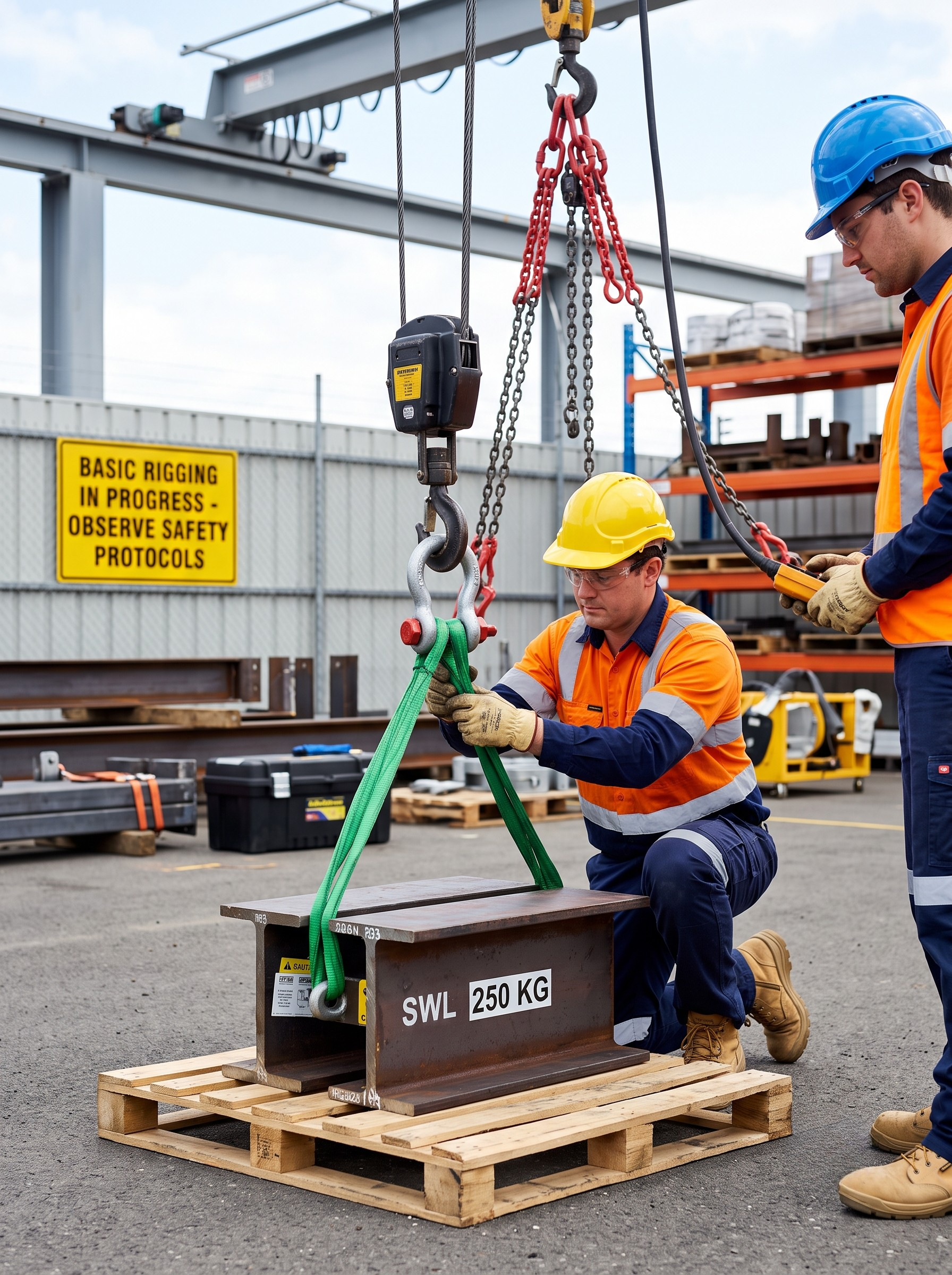 Two construction workers are lifting a steel object labeled with a safe working load of 250 kilograms onto a wooden pallet in an industrial yard. One worker is kneeling and handling the straps, while the other is standing, holding a control device. Both are wearing safety gear, including helmets, gloves, and high-visibility clothing. There are shelves with materials and a caution sign in the background.