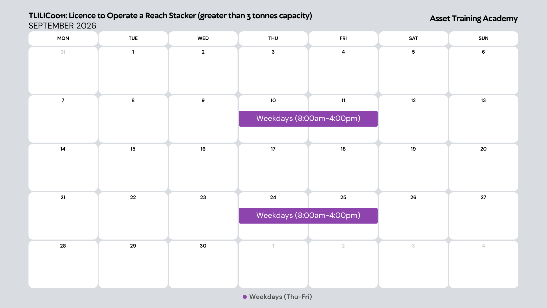 Upcoming TLILIC0011 Reach Stacker (RS) high-risk work license training schedule. View available course dates, on-site assessment slots, and booking details.