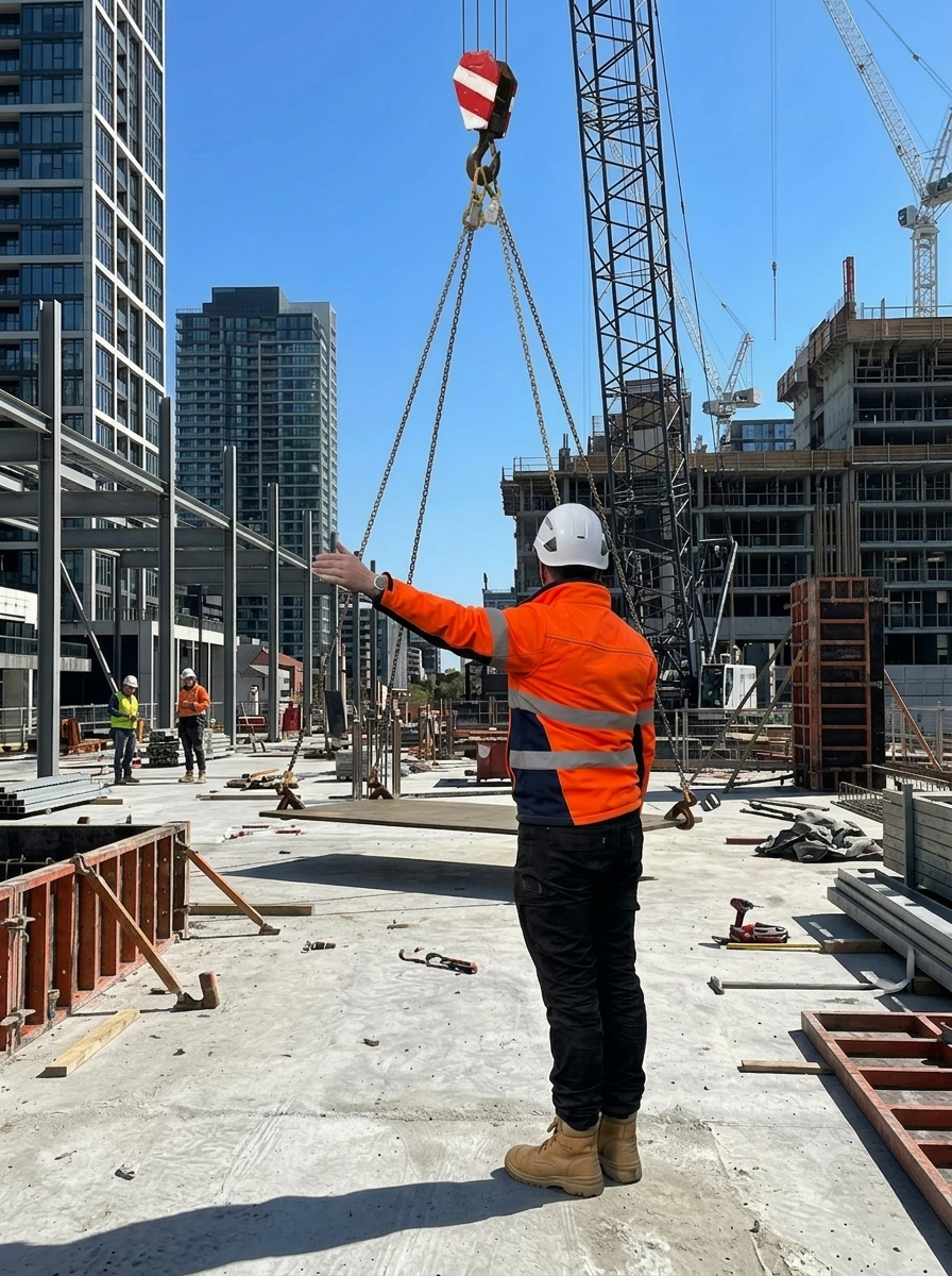 Construction worker wearing an orange safety vest and white helmet guiding a crane lifting a structural steel beam at a high-rise building site.
