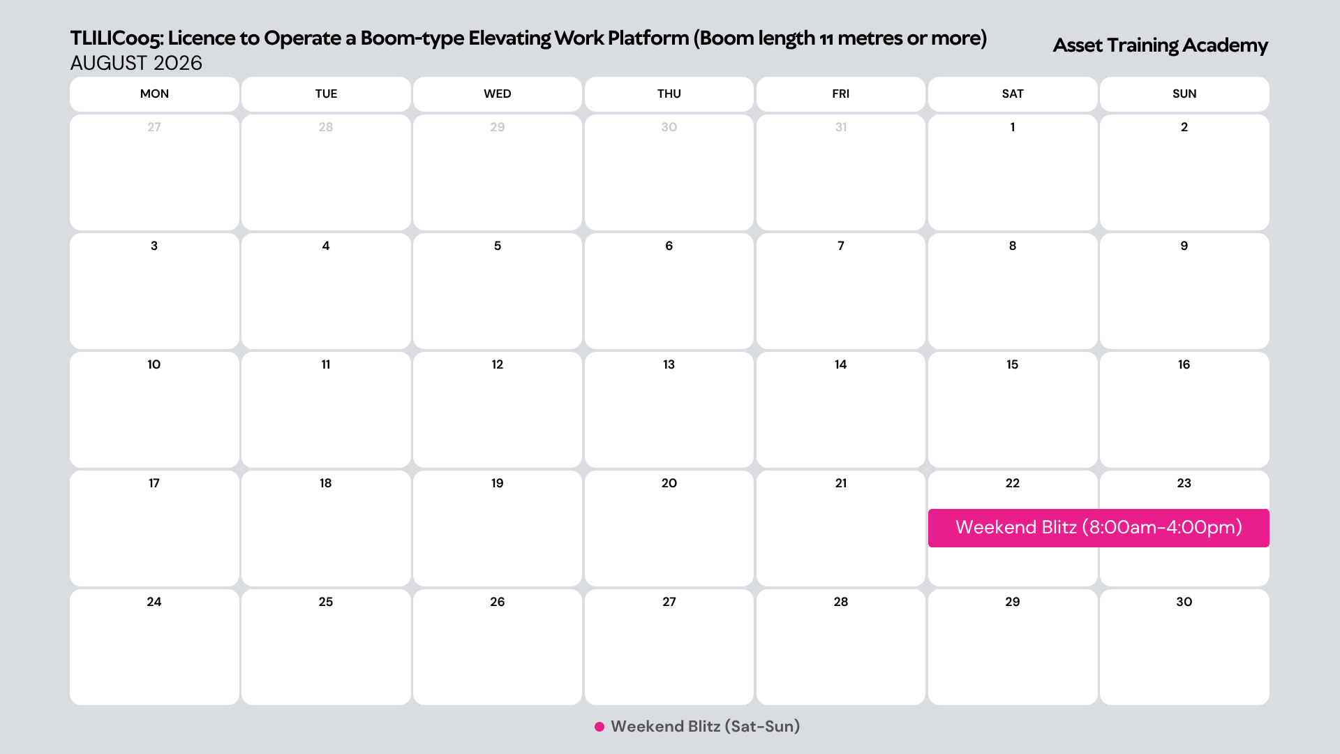 Upcoming TLILIC0011 Reach Stacker (RS) high-risk work license training schedule. View available course dates, on-site assessment slots, and booking details.
