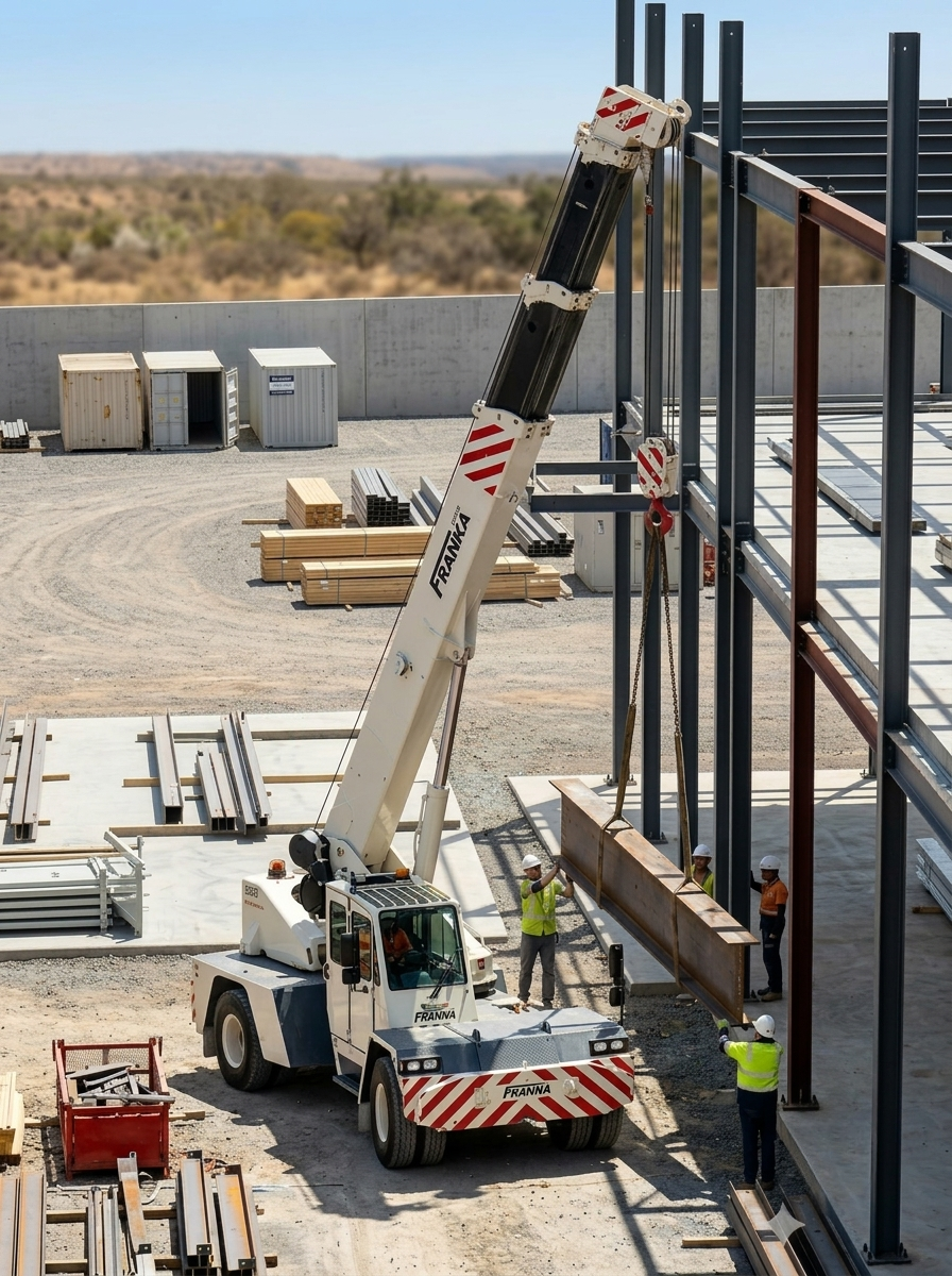 Construction site with a crane lifting a steel beam and workers guiding it into position.