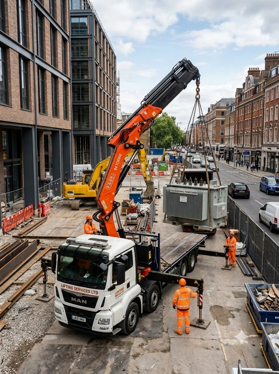 Construction workers operating a crane lifting a transformer on a city street with buildings and cars in the background.