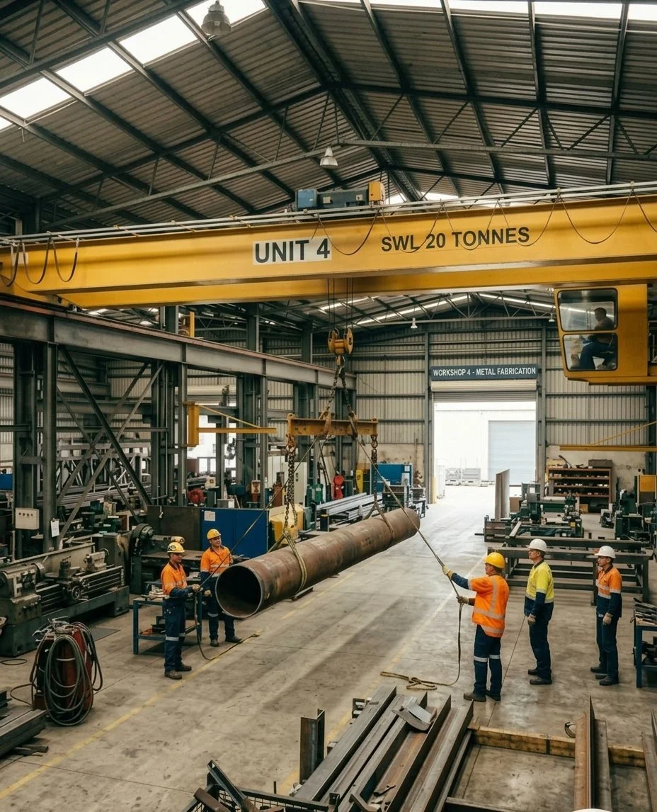Inside a metal fabrication workshop with a large overhead crane lifting a heavy metal pipe. Six workers in safety gear, including helmets and reflective clothing, are guiding the pipe into position.
