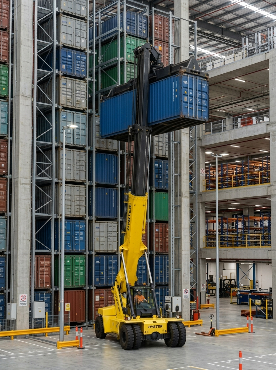 A yellow forklift with a telescopic arm is lifting a blue shipping container inside a warehouse with tall shelves filled with multicolored containers.
