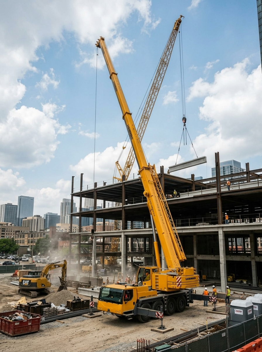 Construction site with yellow crane lifting a concrete slab, workers in safety gear, and a steel building structure in an urban area.