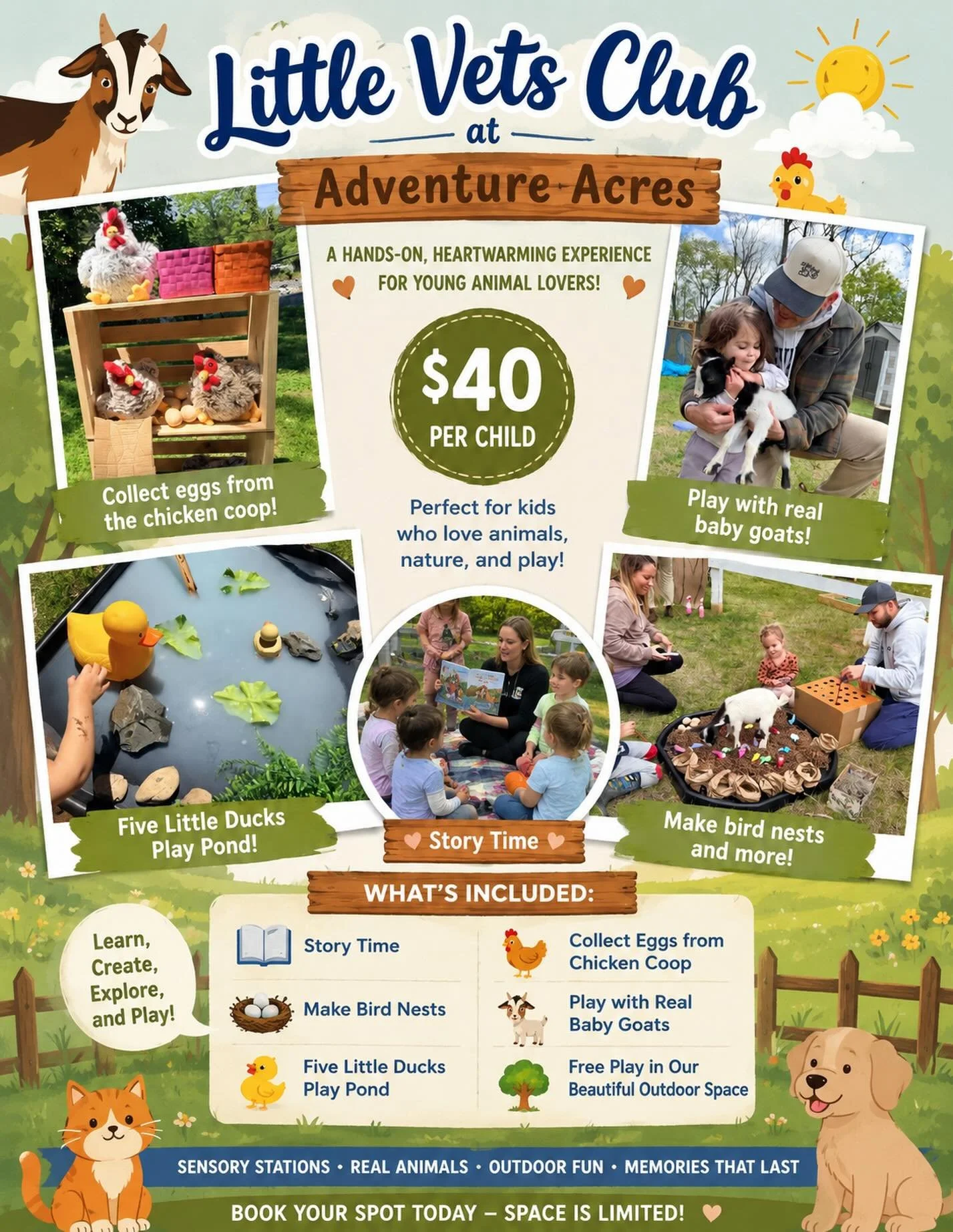 🐾Little Vets Club x Adventure Acres🌲

Join us for a heartwarming morning designed especially for little animal lovers! Children will enjoy hands-on sensory and pretend play stations while exploring the world of animals in a fun, gentle, and engagin